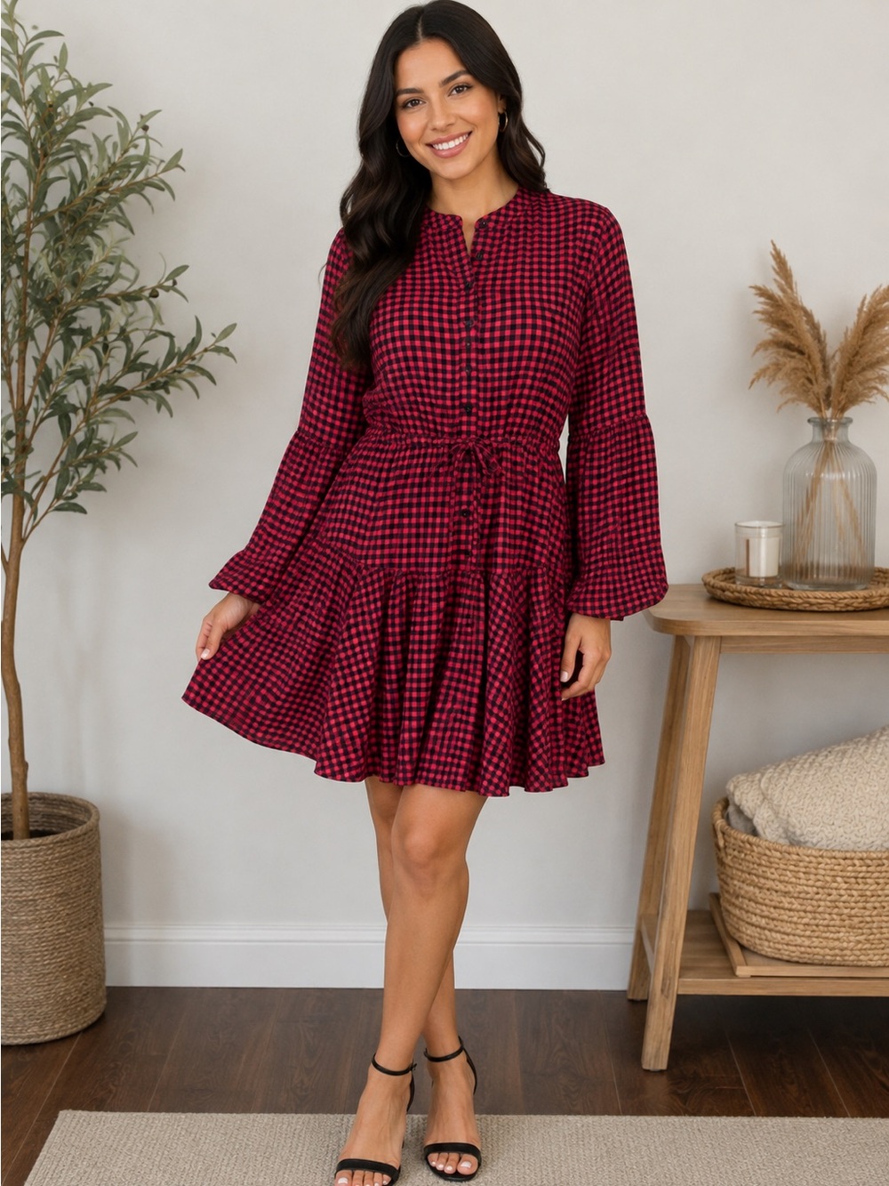 Clarisbelle LONG SLEEVE BUTTON FRONT GINGHAM PRINT BABYDOLL DRESS BILLOWING  Lge